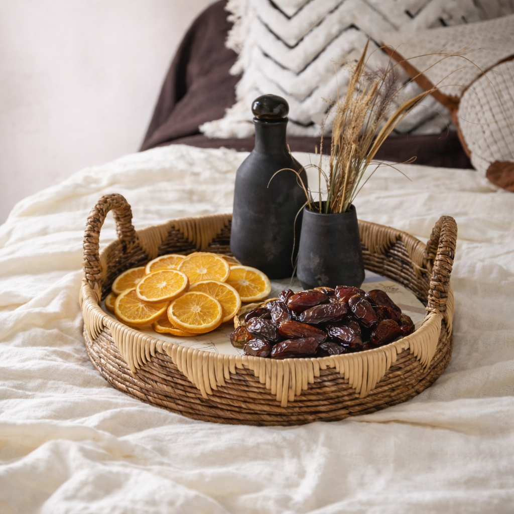 Banana Fiber Handwoven Round Serving Tray with Handles