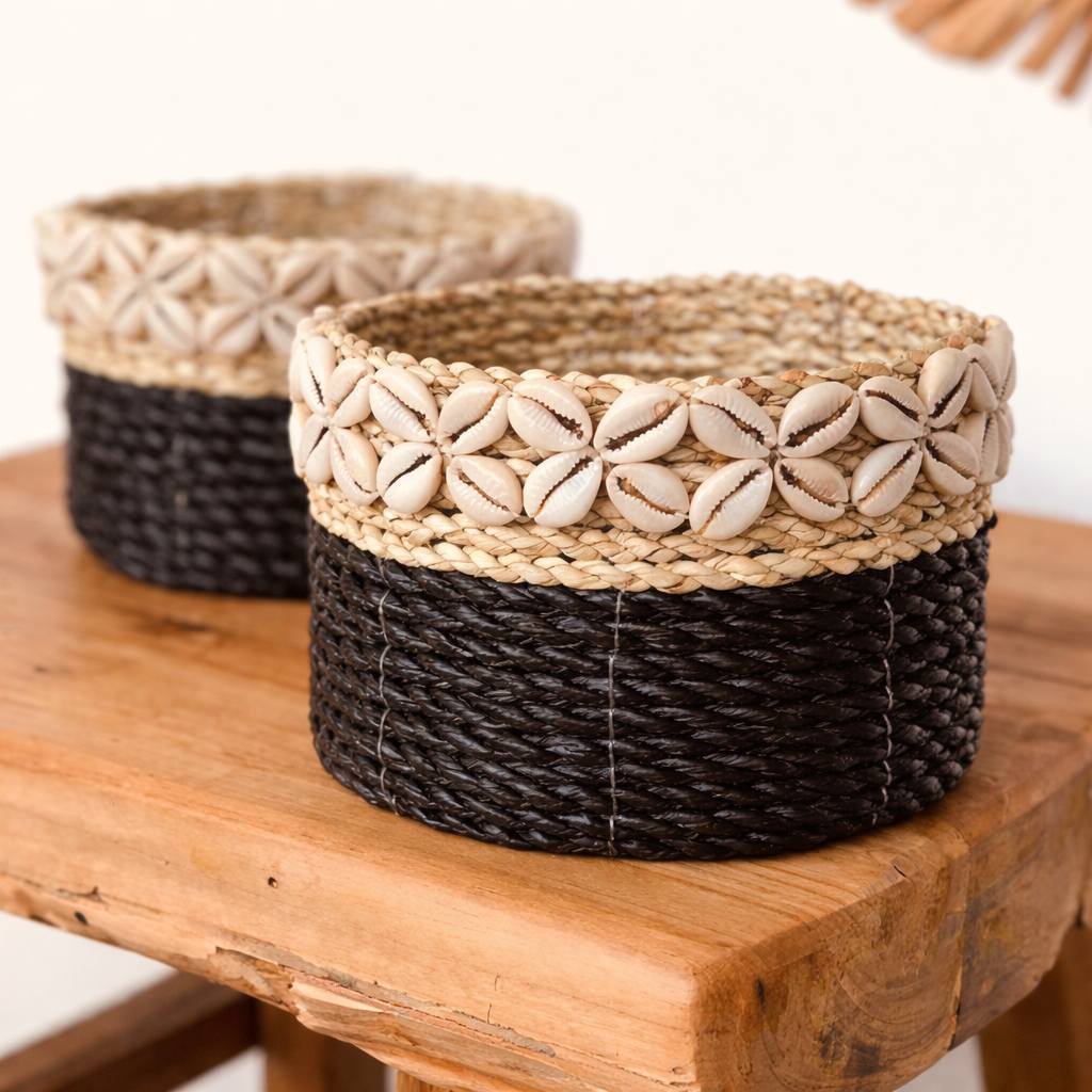 Banana Fiber Handwoven Storage Basket with Cowrie Shell