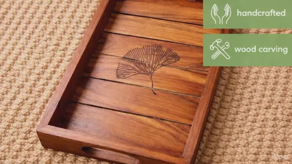 Handmade Wooden Tray with Leaf Motif - Rectangular