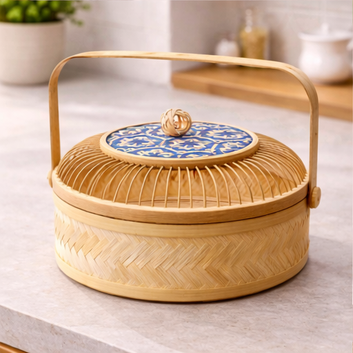 Handcrafted Bamboo Storage Basket with Lid and Handle