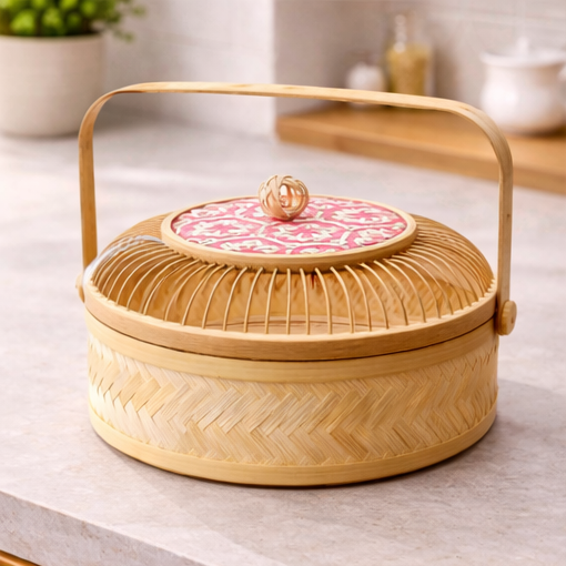 Handcrafted Bamboo Storage Basket with Lid and Handle