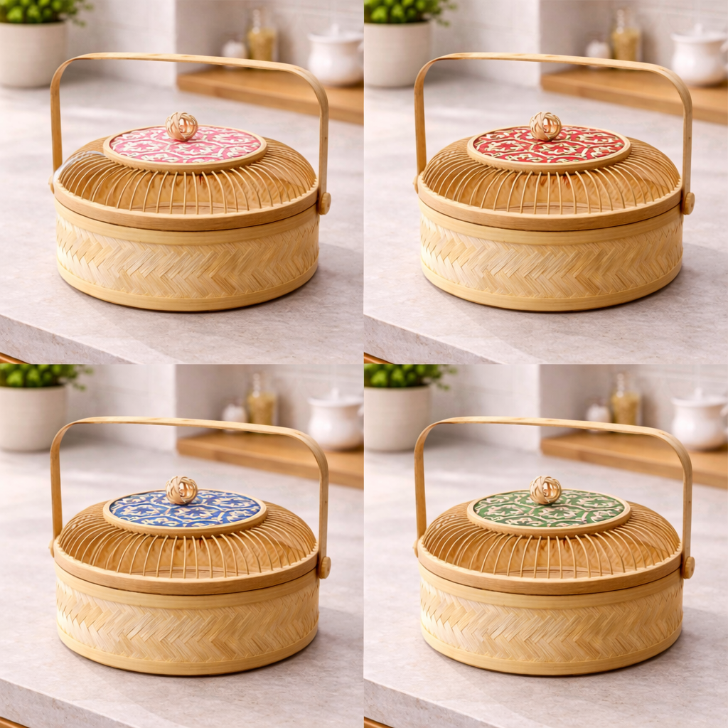 Handcrafted Bamboo Storage Basket with Lid and Handle
