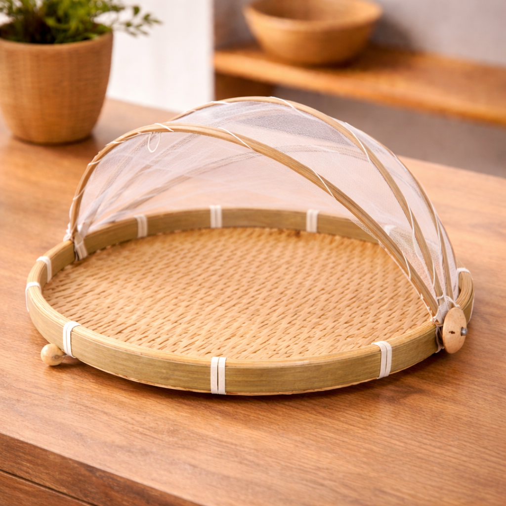 Handwoven Bamboo Round Fruit Tray with Cover Mesh
