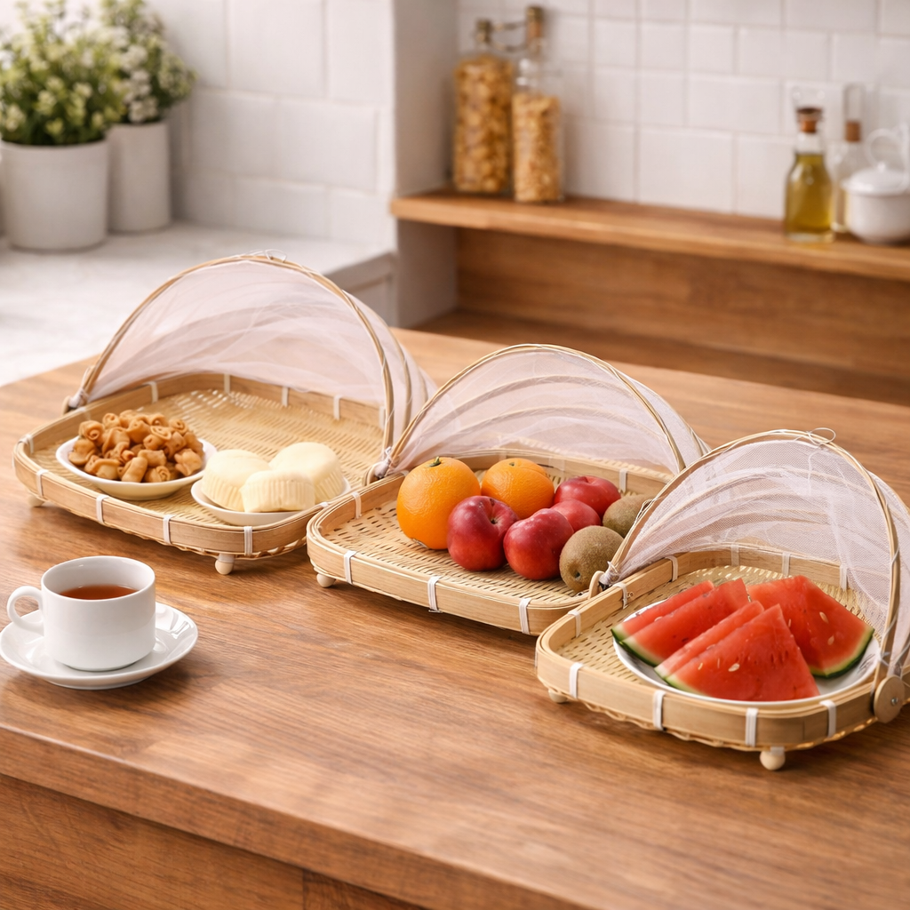 Handwoven Bamboo Square Fruit Tray with Cover Mesh