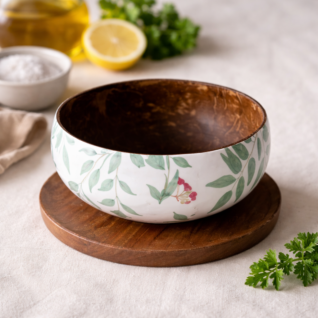 Coconut Shell Enamel Bowl for Serving Smoothie, Salad, Snack