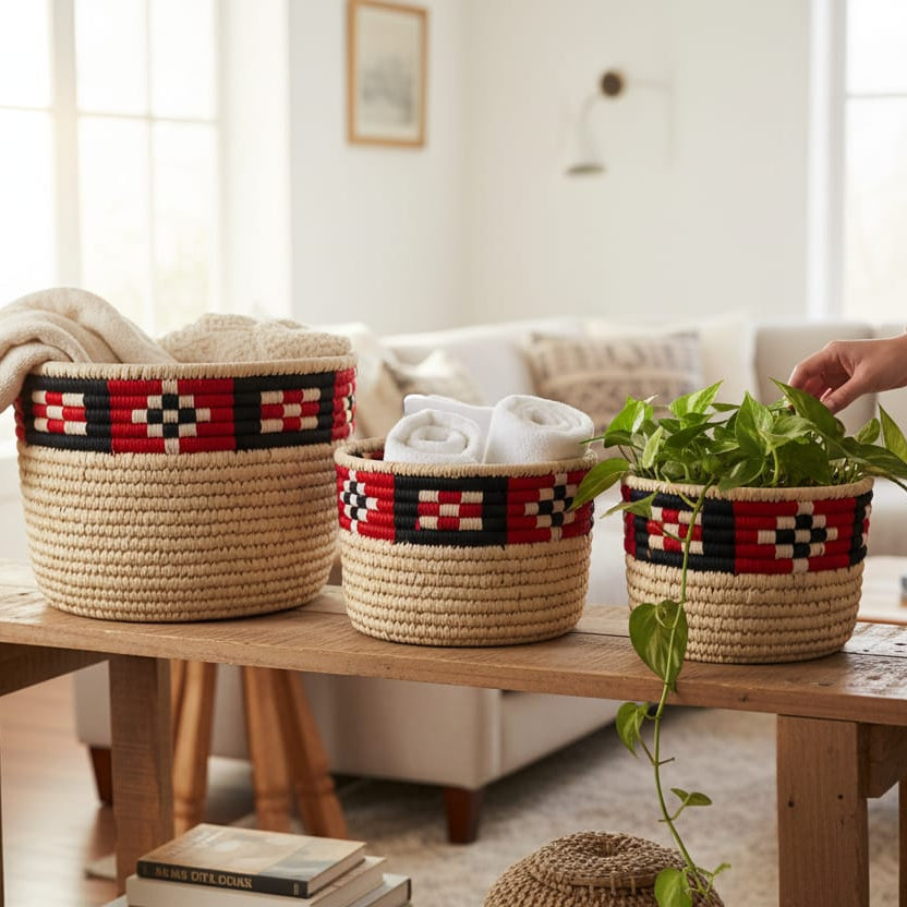 Woven baskets with geometric patterns on a wooden table in a living room.