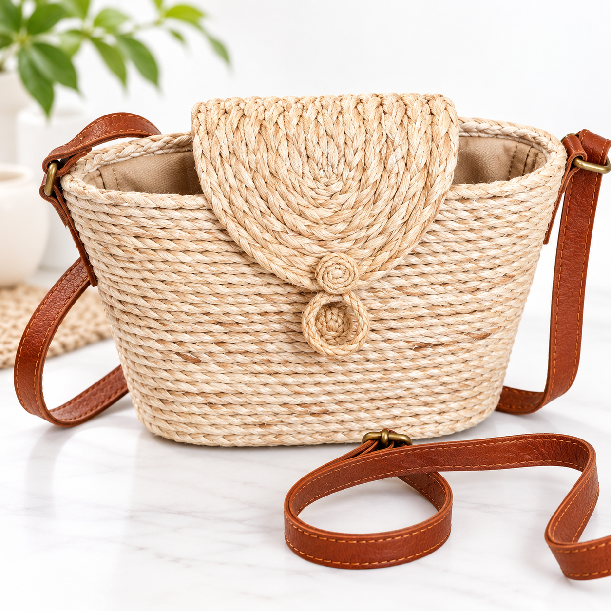 Banana Fibre Sling Bag With Adjustable Leather Strap