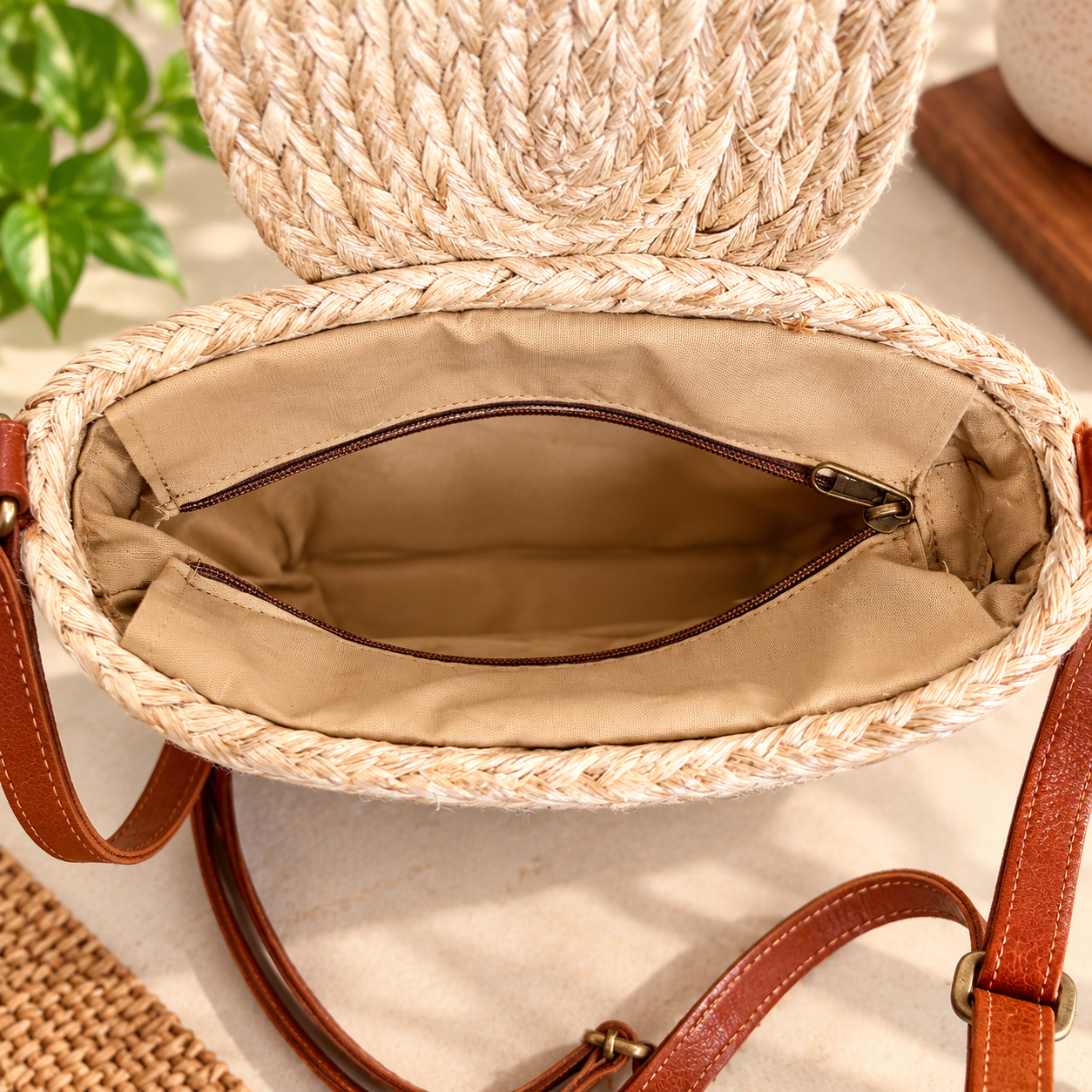 Banana Fibre Sling Bag With Adjustable Leather Strap