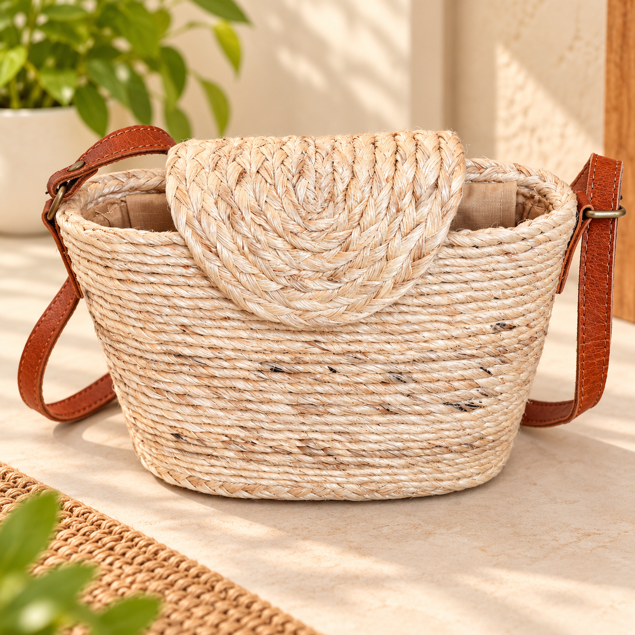 Banana Fibre Sling Bag With Adjustable Leather Strap