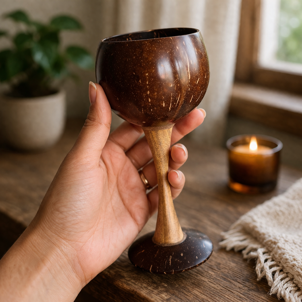 Coconut Shell & Wooden Wine Glasses (Set of 2)